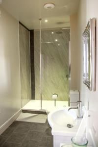 uma casa de banho com um chuveiro, um lavatório e um WC. em Kirkaig Lodge em Lochinver