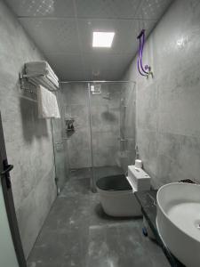 a bathroom with a shower and a toilet and a sink at Villa Đường Mây in Tam Ðảo