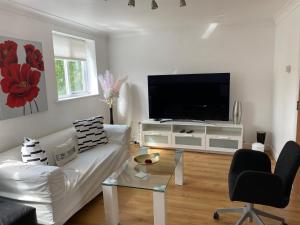 a living room with a white couch and a flat screen tv at Destination London Docklands in London