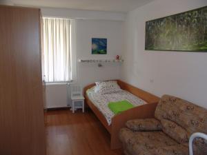 una pequeña sala de estar con sofá y cama en Apartments Lana, en Bled