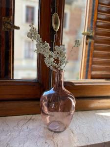 a glass vase with flowers in it sitting on a window at La Petite Maison de la Ville in Turin
