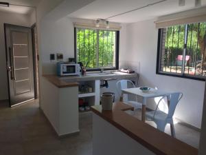 a kitchen with a counter and a table with a microwave at Apart Picaflores in Merlo