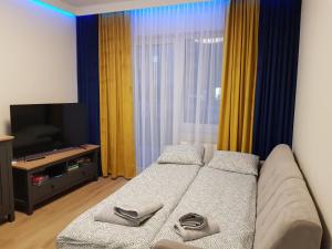uma sala de estar com uma cama e uma televisão em Apartament z ogródkiem em Uniejow
