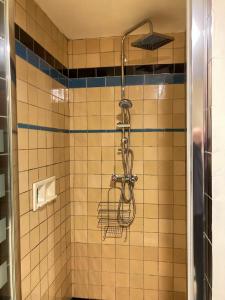 La salle de bains carrelée est pourvue d'une douche avec un pommeau de douche. dans l'établissement La Villa Victoria -Malzéville Village -120m2, à Nancy