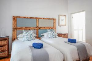 een slaapkamer met 2 bedden en blauwe kussens bij The River Bend Cottages in Graaff-Reinet