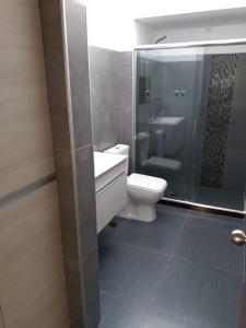 a bathroom with a toilet and a sink and a shower at Linda y cómoda casa en Colonia del Sacramento in Colonia del Sacramento