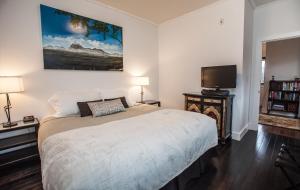 um quarto com uma cama grande e uma televisão em Alpenglow Penthouse by Revelstoke Vacations em Revelstoke