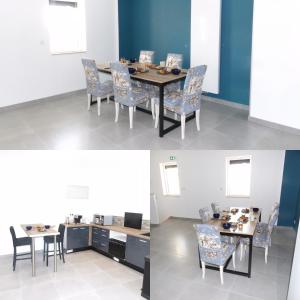 two images of a dining room with a table and chairs at La Ferme des Cerisiers in Reventin-Vaugris