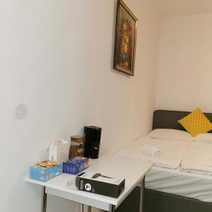 維也納的住宿－Speedyrooms Vienna，小房间设有一张床和一张带笔记本电脑的桌子