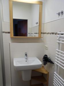 ニーンドルフにある_DKK9_ Ferienwohnung Moewennestのバスルーム(白い洗面台、鏡付)