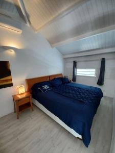 sypialnia z niebieskim łóżkiem w niewielkim pokoju w obiekcie 5 min from Orient Bay - perfect condo, Idolem résidence unité 6 - 57 Rue du Mont Vernon 1 w mieście Cul de Sac