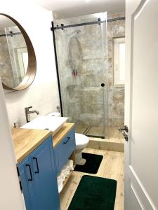 a bathroom with a sink and a shower at Asha Central Apartment in Timişoara