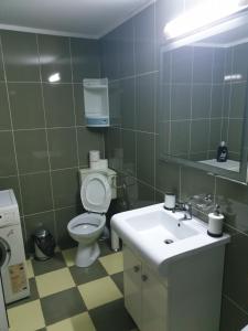 a bathroom with a toilet and a sink and a mirror at MAMAIA FALEZA NORD in Constanţa