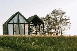 mały domek na szczycie trawiastego wzgórza w obiekcie Pazust Latgalē Country Houses w mieście Skaista