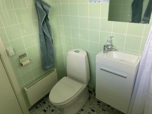 a bathroom with a white toilet and a sink at AgerBro in Broager