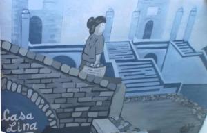 a painting of a person standing on a brick wall at CasaLina in Comacchio