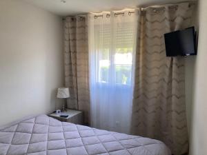 Un dormitorio con una cama y una ventana con un televisor. en Ancre bleue***, 1ère ligne plage, piscine, Clim., en La Grande-Motte