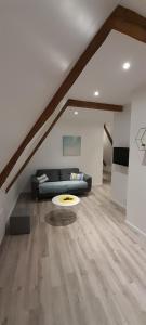 a living room with a couch and a frisbee on the floor at Appartement dans maison de 1789 au centre de Vitré in Vitré