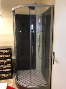 La salle de bains est pourvue d'une douche avec une porte en verre. dans l'établissement Habitations Amédée, à Bouillante