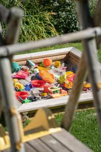 uma caixa de madeira cheia de brinquedos na relva em Almhof Fiss em Fiss