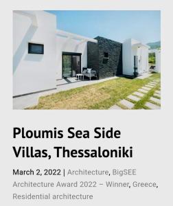 a advertisement for a white house with the words plantssea side villas at PLOUMIS seaside villas in Stavros