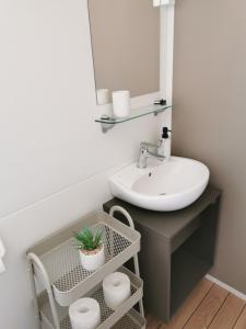 a bathroom with a sink and a mirror at Mobile home Maria, Camp Baško Polje in Baška Voda