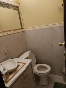 een badkamer met een toilet, een wastafel en een spiegel bij Casa de campo Pillaro - Activa in Píllaro
