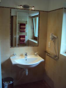 a bathroom with a sink and a mirror at Haus Fliri in Curon Venosta