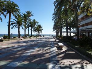 an empty street with palm trees and a beach at Casablanca in Nerja