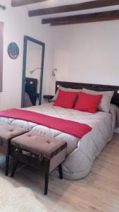 een slaapkamer met een groot bed met rode kussens bij Cal Gallo (Vivienda Vacacional) in Riosa