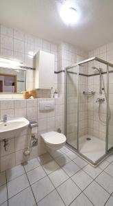 a bathroom with a shower and a toilet and a sink at Ferienwohnung Bootsteg Moba-Travel in Priwall