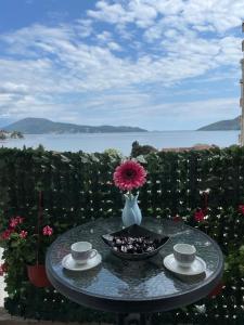a table with a vase with a pink flower on it at Sea Apartment Igalo in Herceg-Novi