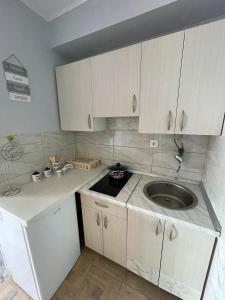 a small kitchen with white cabinets and a sink at Sea Apartment Igalo in Herceg-Novi