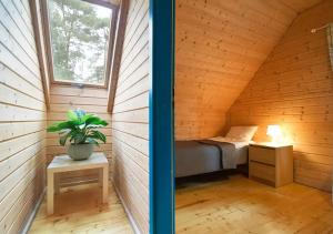 Habitación en una cabaña de madera con cama y planta en Kolorowe Domki en Pobierowo