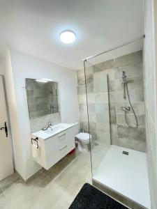 a bathroom with a shower and a toilet and a sink at Villa Cocody in Bandol