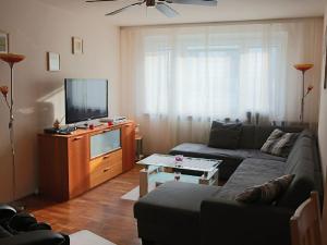 ein Wohnzimmer mit einem Sofa und einem Flachbild-TV in der Unterkunft Apartment Mariahilf - 4rooms4you in Wien