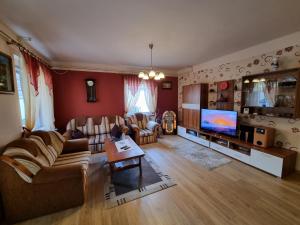 ein Wohnzimmer mit einem Sofa und einem TV in der Unterkunft Balaton House in Balatonboglár