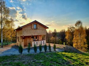 una pequeña casa de madera en un campo con árboles en Leśna Chatka en Kłodzko