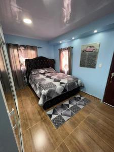 1 dormitorio con 1 cama en una habitación con paredes azules en Paulino en Santiago de los Caballeros