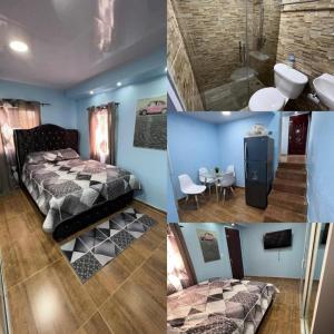 eine Collage mit Bildern eines Schlafzimmers mit einem Bett und einem Badezimmer in der Unterkunft Paulino in Santiago de los Caballeros