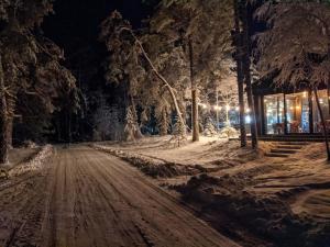 a snow covered street at night with lights at Seaside bungalow Juura at Albatross, Kesterciems with garden, Spa and pool for extra in Ķesterciems