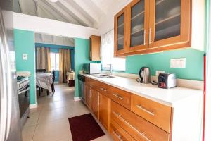 a kitchen with green walls and wooden cabinets at PALMS ESCAPE - 3 BEDROOM VACATION HOME in Richmond
