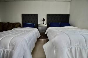 2 camas en una habitación con sábanas blancas y almohadas azules en Room in Guest room - Habitacion Tipo Hotel En Obispado, en Monterrey