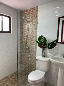 een badkamer met een toilet, een wastafel en een douche bij Stylish 2R-2B Apt Near the Beach and Main Street in Sosúa