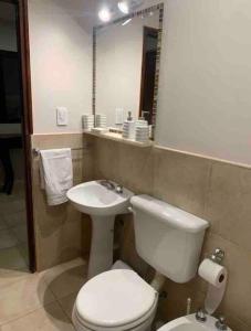 a bathroom with a toilet and a sink and a mirror at Los Naranjos Departamentos 2 in Concepción