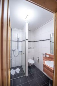 La salle de bains est pourvue d'une douche, de toilettes et d'un lavabo. dans l'établissement Weingut Kernwein, à Seinsheim