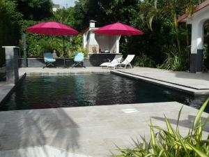 a swimming pool with two chairs and two umbrellas at KAZE SILAS in Saint-Joseph