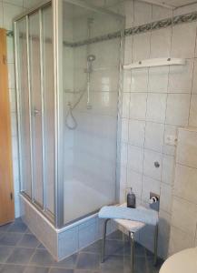 ein Bad mit einer Dusche, einem Tisch und einem Stuhl in der Unterkunft Haus "Panorama" in Hohenau