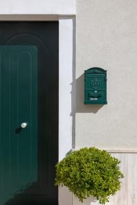 Apulian House في برينديسي: باب أخضر وشجيرة خضراء بجوار مبنى