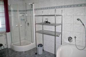 y baño con ducha, lavabo y bañera. en Pension Hackbarth, en Beilngries